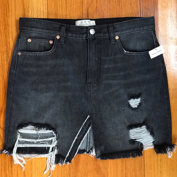 NWT Free People Black Distressed Denim Mini Skirt - Picture 4 of 7